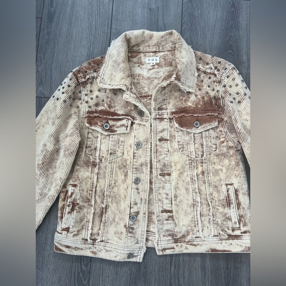 POL Rock N Roll Studded & Distressed Corduroy Jacket Beige Brown Medium - Picture 3 of 11